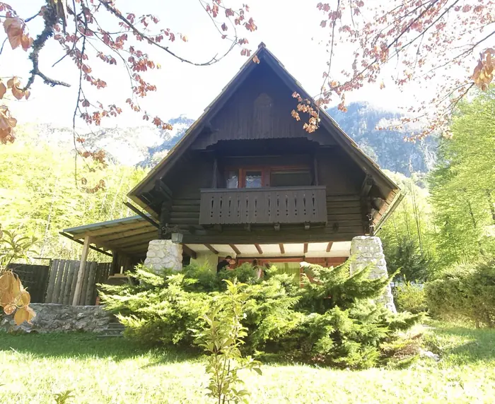 Front gable of Red Beech Cabin among autumn beech leaves
