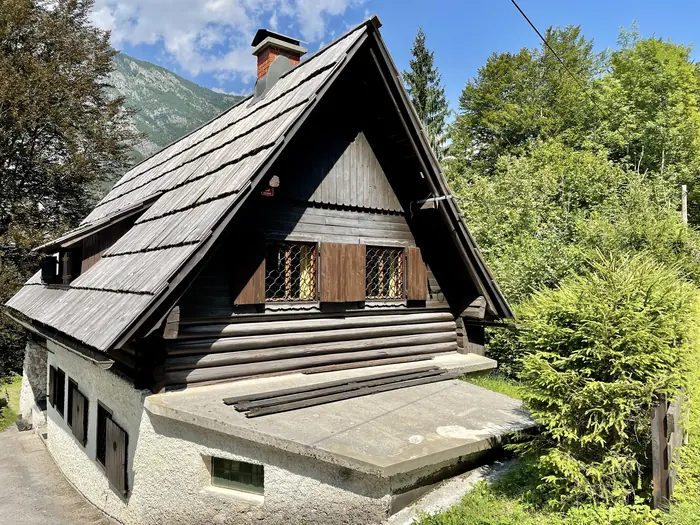 Gable end and shingled roof of Red Beech Cabin against the mountains