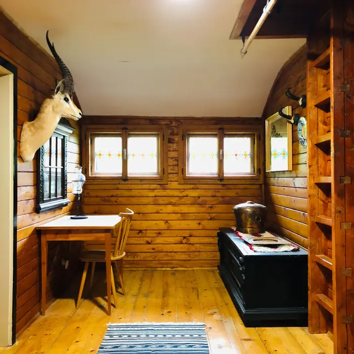 Inside Red Beech Cabin — original wood-beamed interior (photo 19)