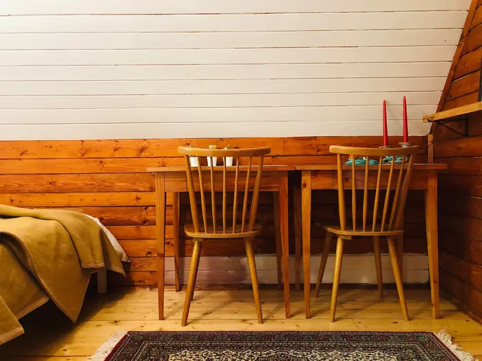 Inside Red Beech Cabin — original wood-beamed interior (photo 27)