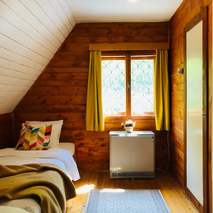 Inside Red Beech Cabin — original wood-beamed interior (photo 28)