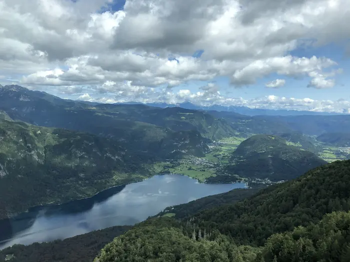 Aerial view of Lake Bohinj and the Triglav National Park mountains