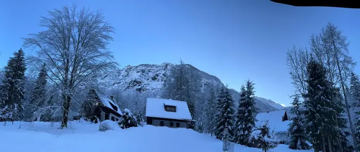 Red Beech Cabin and the surrounding cabins under snow in winter