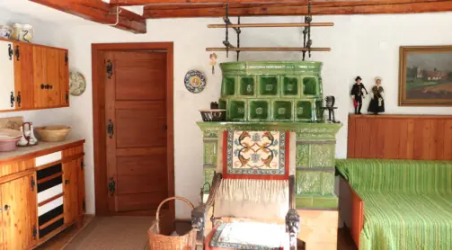 The original wooden interior of Red Beech Cabin